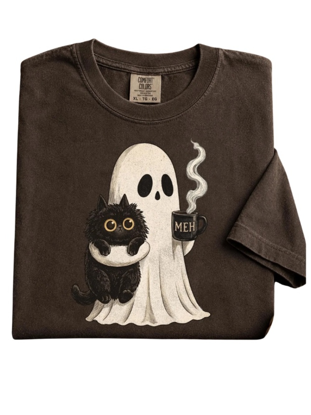 Comfort Colors Espresso Graphic Tee with Cat and Ghost Holding 'Meh' Mug